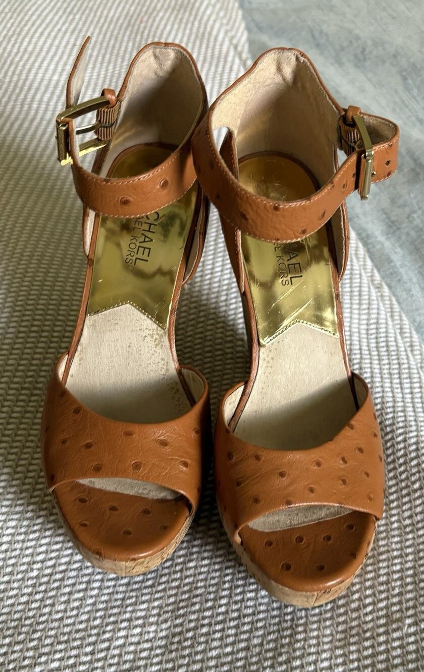 MICHAEL Michael Kors Brown Ostrich Embossed Cork Platform Wedge Sandals Size 6.5